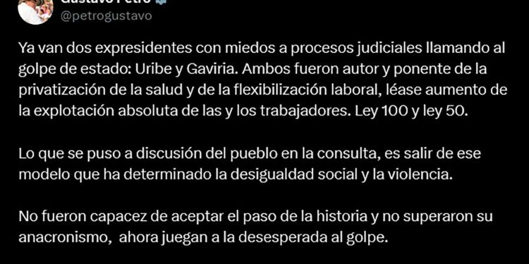Expresidentes Uribe y Gaviria están ‘llamando al golpe de Estado’, advierte presidente Petro